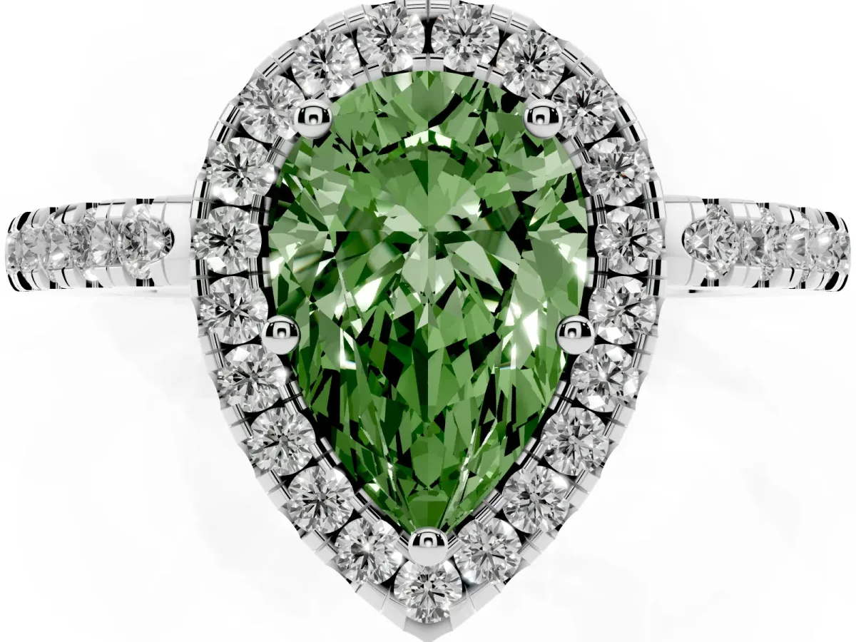 Fancy Green Pear Cut Halo Diamond Engagement Ring with Pavé Band and Four-Prong Setting Silver