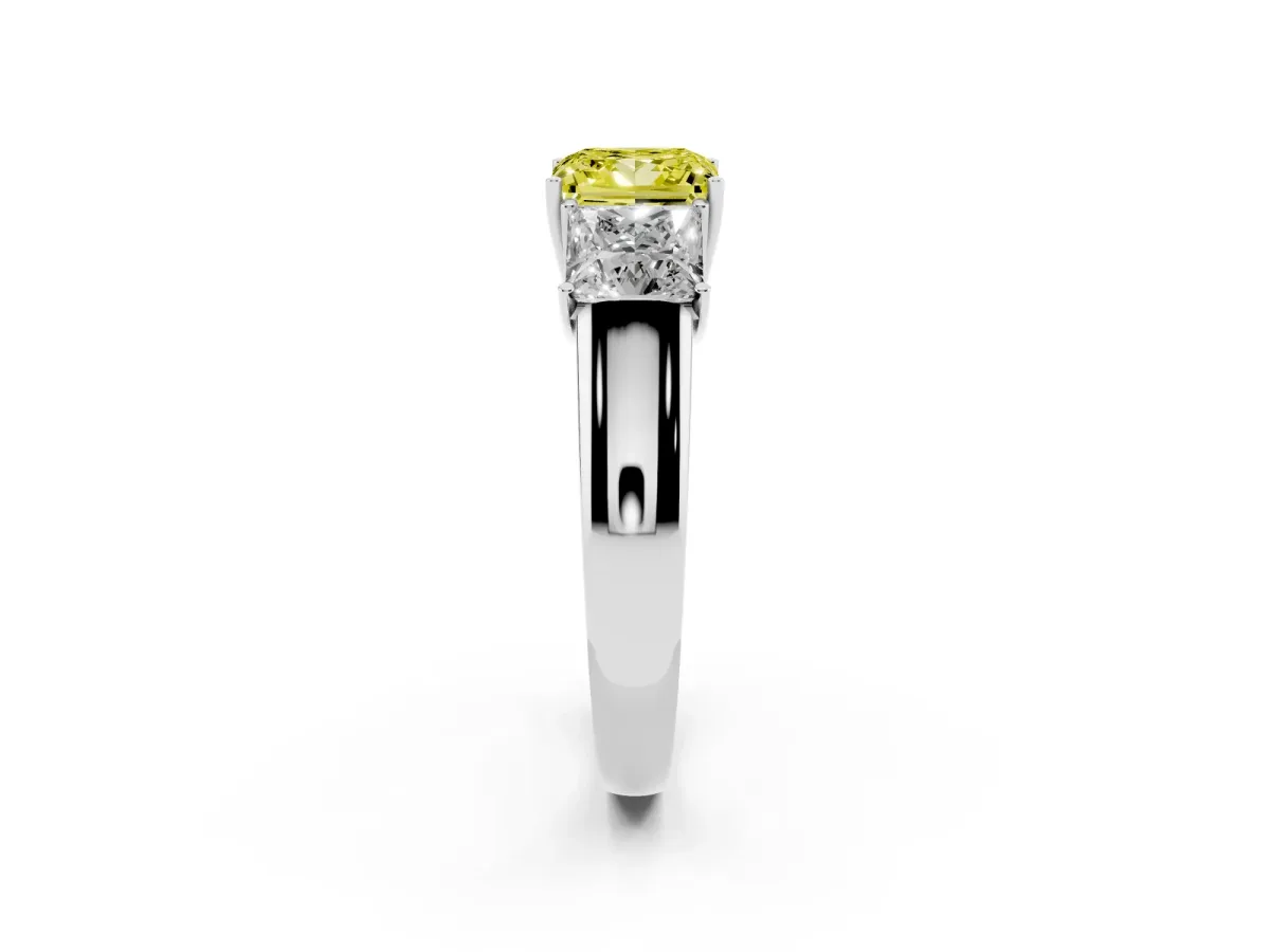 Fancy Yellow Three-Stone Princess Cut Cut Diamond Ring with Prong Setting and Classic Band Silver