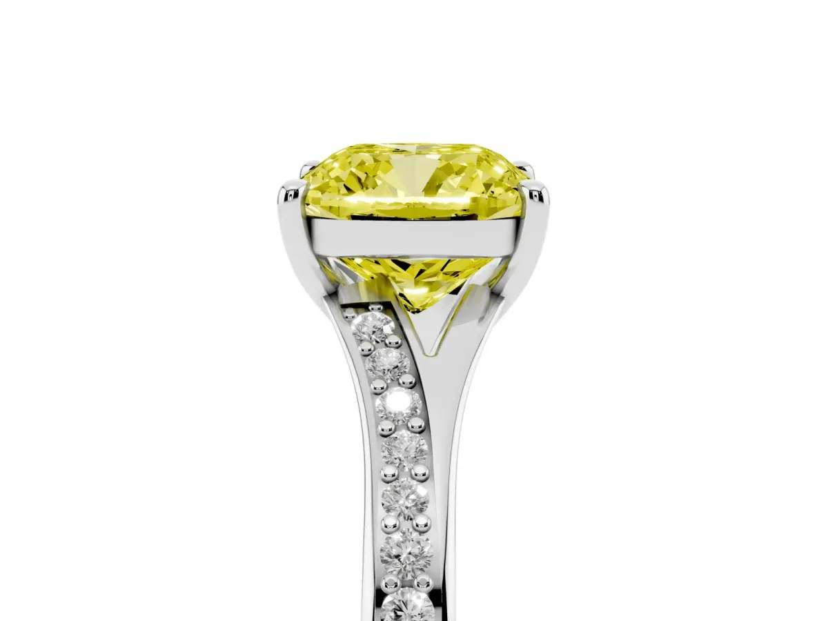 Fancy Yellow Cushion Cut Diamond Solitaire Ring with Pavé Band and Prong Setting Silver