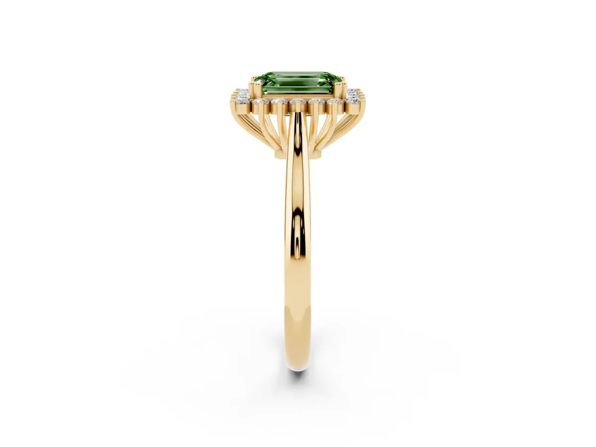 Fancy Green Emerald Cut Cut Diamond Halo Ring with Solitaire Band and Prong Setting Yellow gold