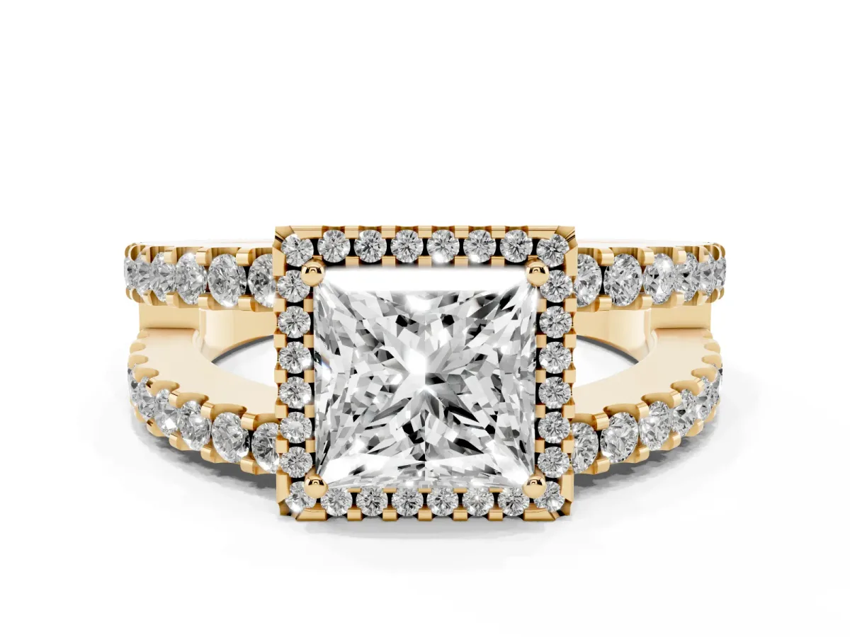 Princess Cut Cut Halo Split Shank Diamond Ring with Four-Prong Setting Yellow gold