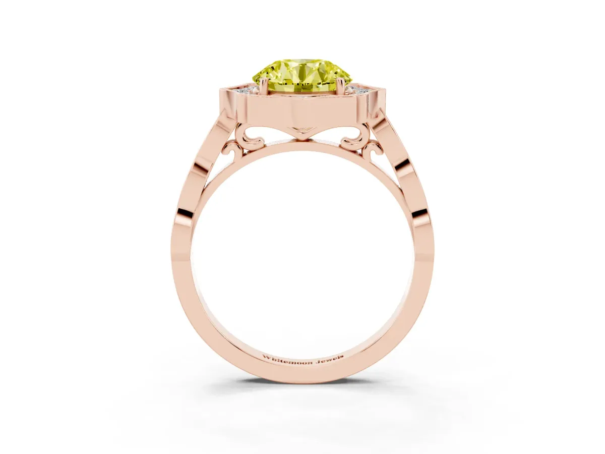 Fancy Yellow Round Cut Halo Diamond Engagement Ring with Milgrain Band and Four-Prong Setting Rose gold