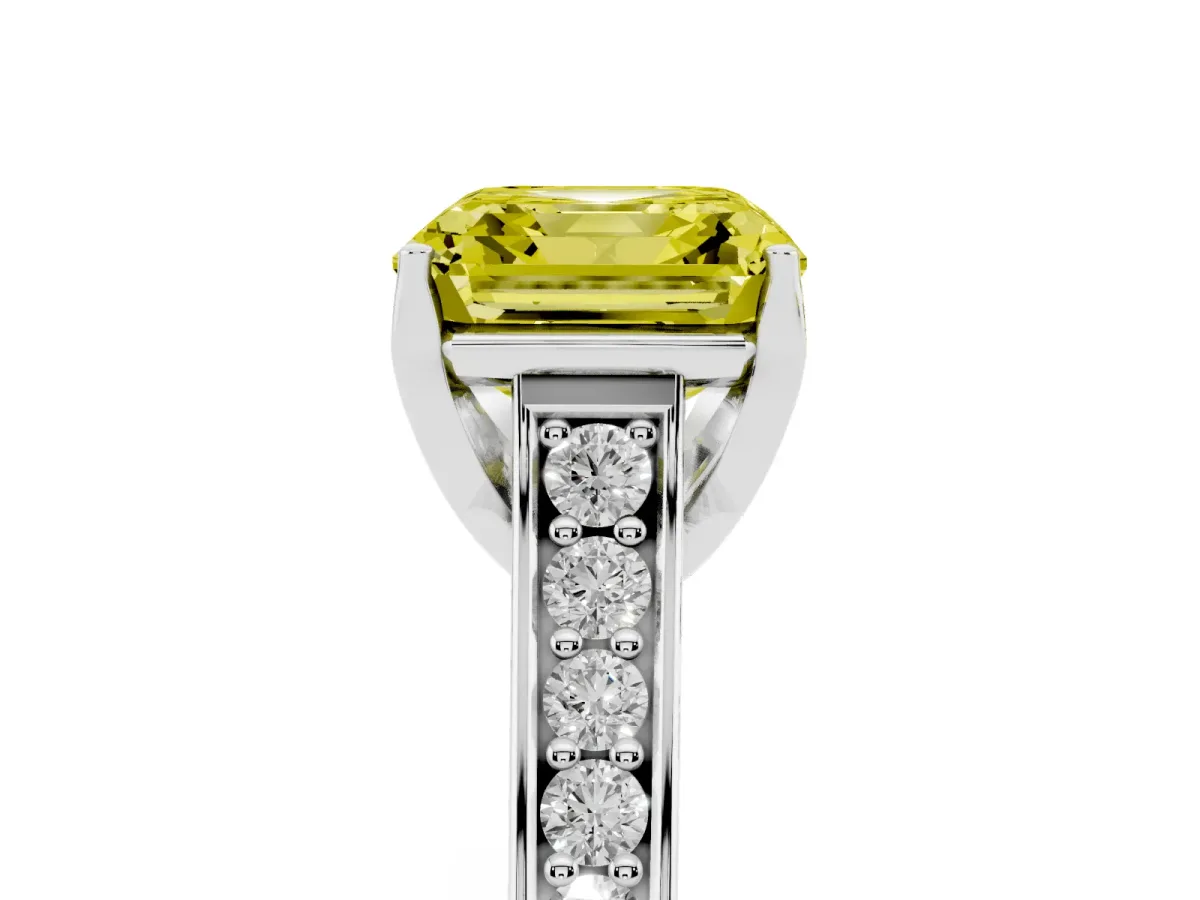 Fancy Yellow Asscher Cut Brilliant Cut Diamond Engagement Ring with Pavé Band and Four-Prong Setting Silver