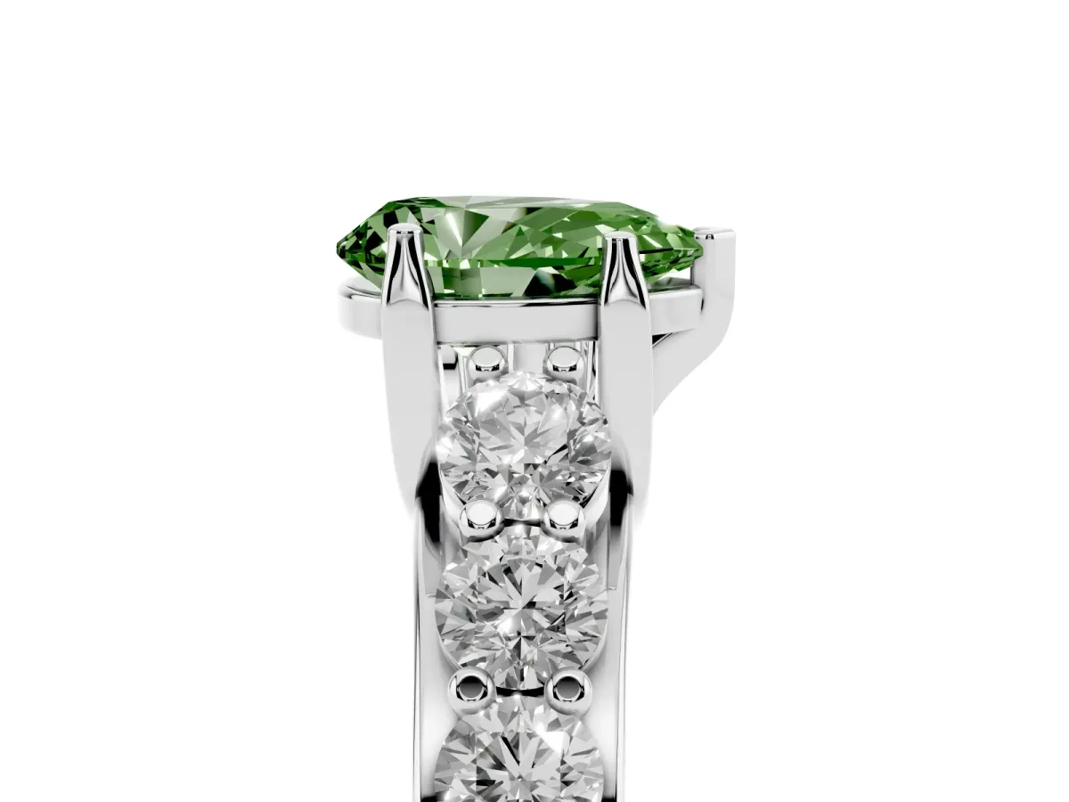 Fancy Green Pear Cut Diamond Engagement Ring with Pavé Band and Four-Prong Setting White gold