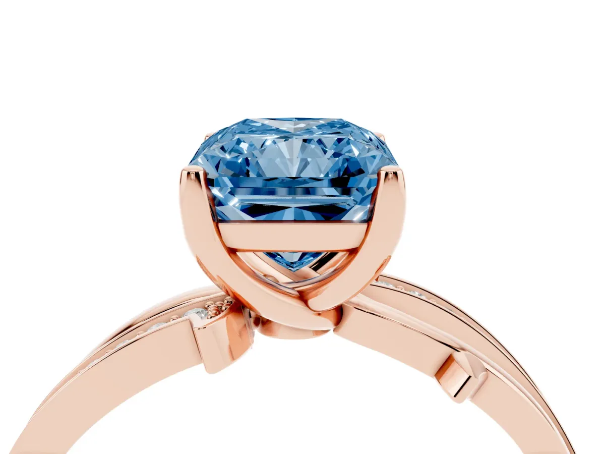 Fancy Blue Radiant Cut Solitaire Twist Band with Pavé Accents and Four-Prong Setting Rose gold
