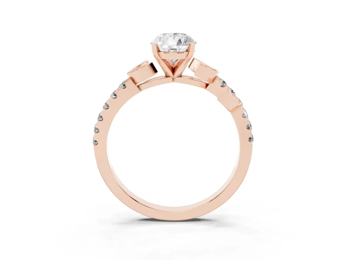 Pear Cut Solitaire Leaf-Inspired Diamond Ring with Pavé Band and Four-Prong Setting Rose gold