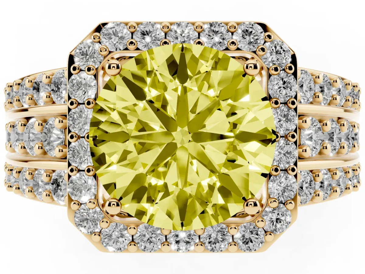Fancy Yellow Round Cut Halo Diamond Ring with Round Split Shank and Prong Setting Yellow gold