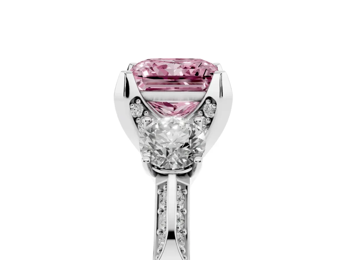 Fancy Pink Princess Cut Brilliant Three-Stone Diamond Ring with Pavé Band and Four-Prong Setting Silver
