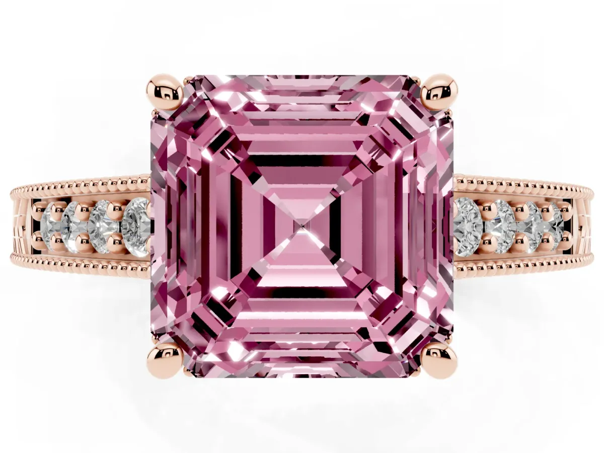 Fancy Pink Asscher Cut Solitaire Pavé Diamond Milgrain Engagement Ring with Four-Prong Setting Rose gold