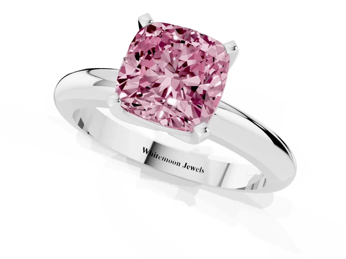 Fancy Pink Cushion Cut Diamond Solitaire Engagement Ring with Round Band and Four-Prong Setting White gold