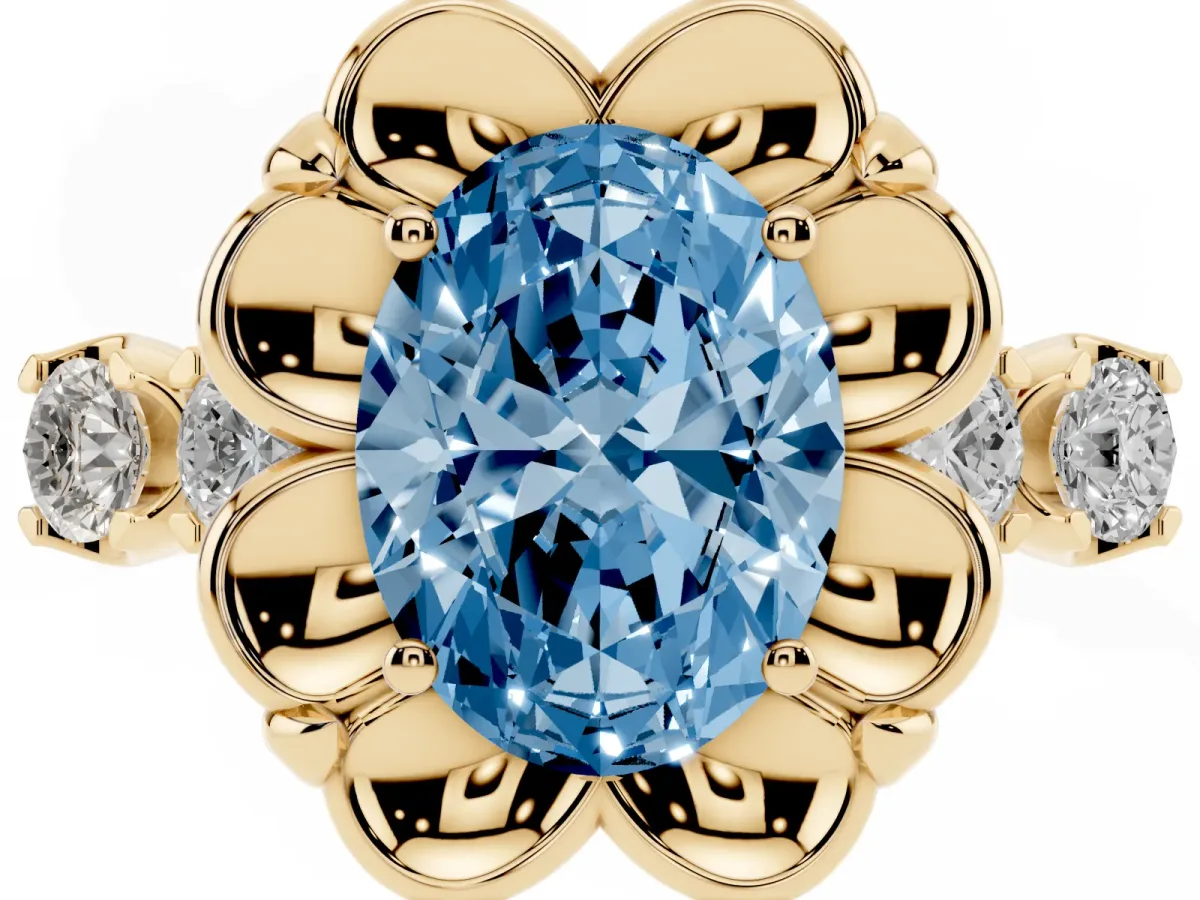 Fancy Blue Oval Cut Cut Diamond Floral Halo Engagement Ring with Shared Prong Setting Yellow gold