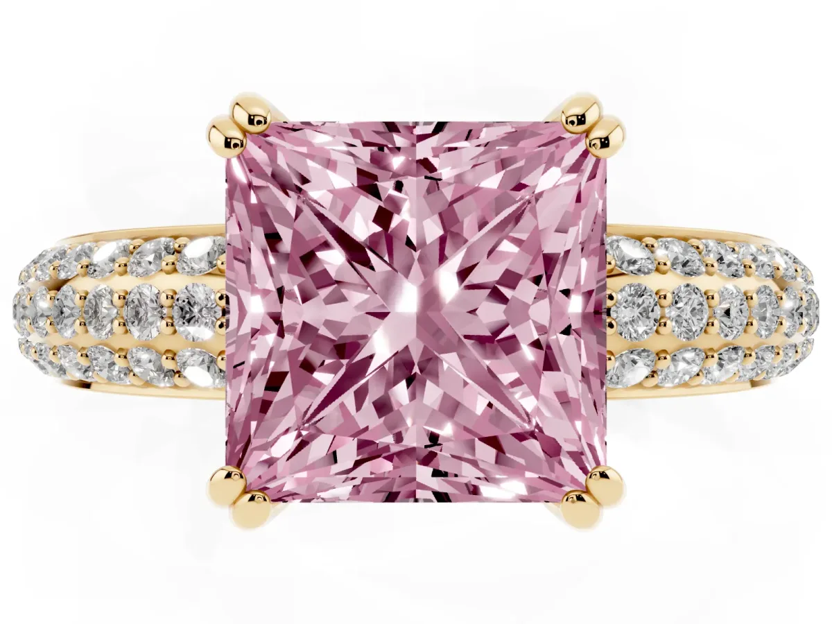 Fancy Pink Princess Cut Diamond Solitaire Ring with Multi-Row Round Pavé Band and Prong Setting Yellow gold