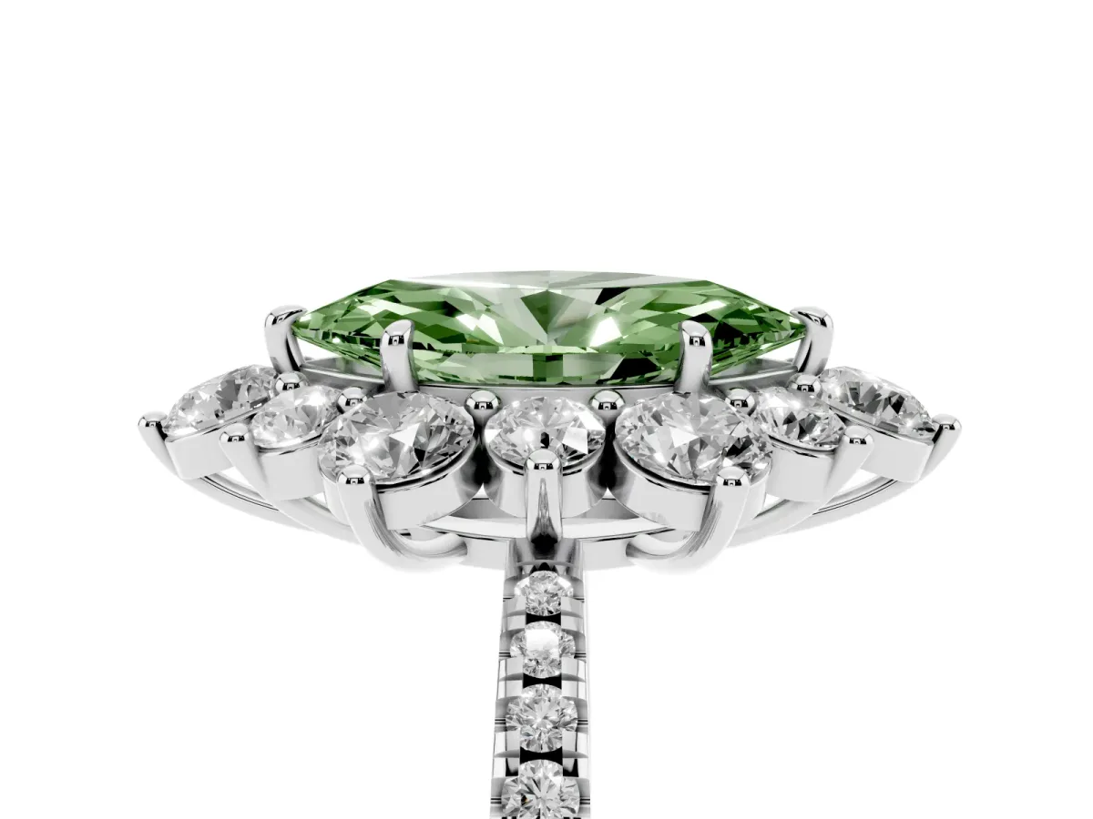 Fancy Green Marquise Cut Diamond Floral Halo Ring with Round Pavé Band and Prong Setting Silver