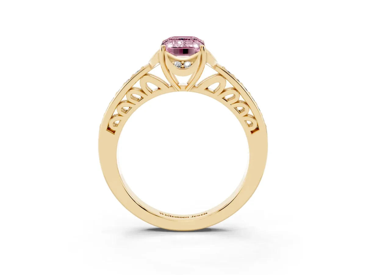 Fancy Pink Emerald Cut Cut Halo Diamond Ring with Channel Set Band and Four-Prong Setting Yellow gold