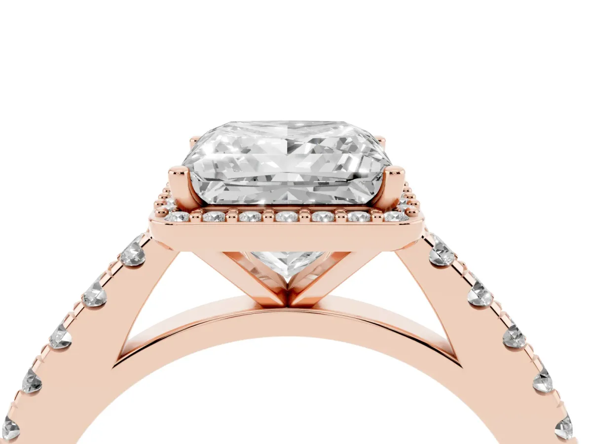 Princess Cut Cut Halo Diamond Engagement Ring with Pave Band and Four-Prong Setting Rose gold