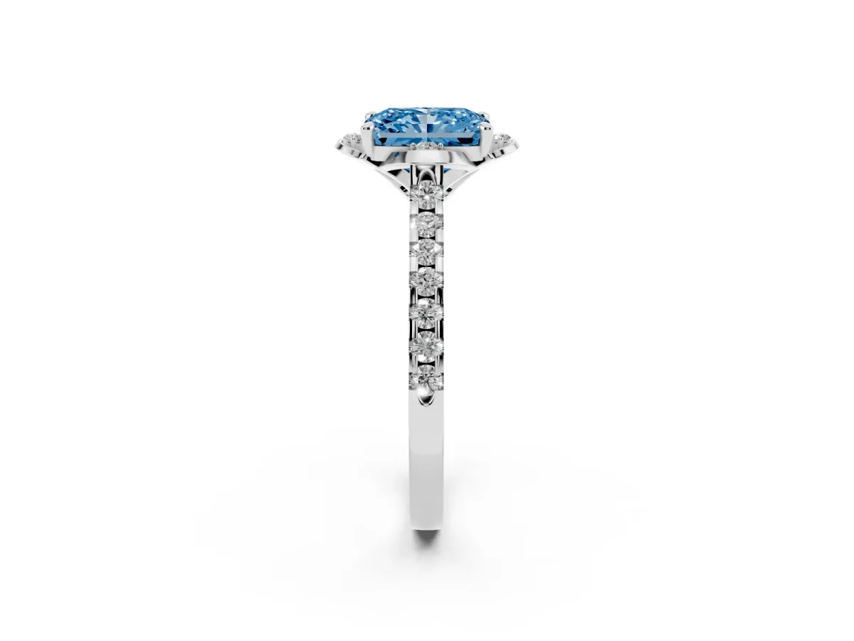 Fancy Blue Radiant Cut Diamond Ring with Pavé Band and Floral Prong Setting White gold