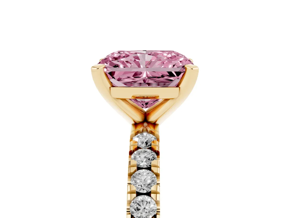 Fancy Pink Radiant Cut Diamond Pavé Band Solitaire with Four-Prong Setting Yellow gold