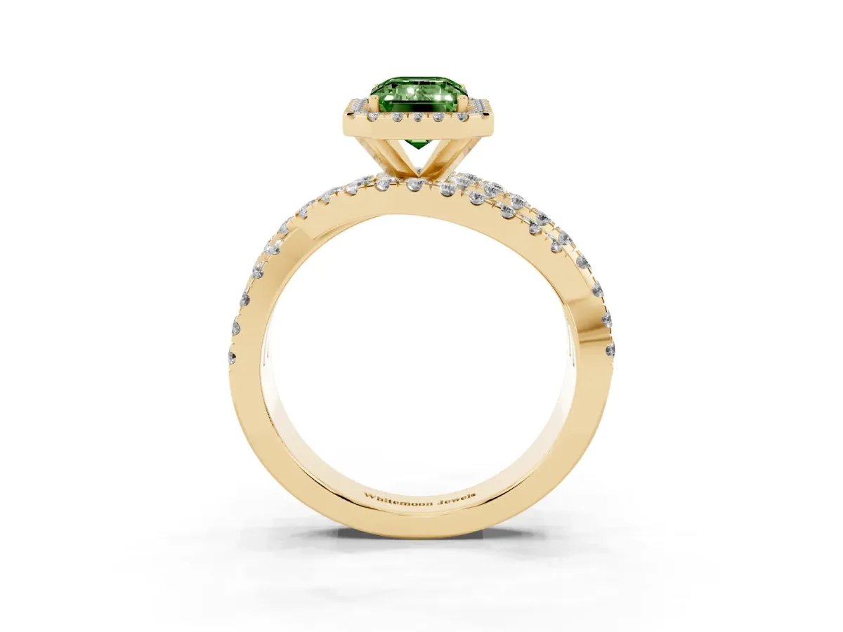Fancy Green Emerald Cut Diamond Halo Ring with Round Split Shank and Prong Setting Yellow gold