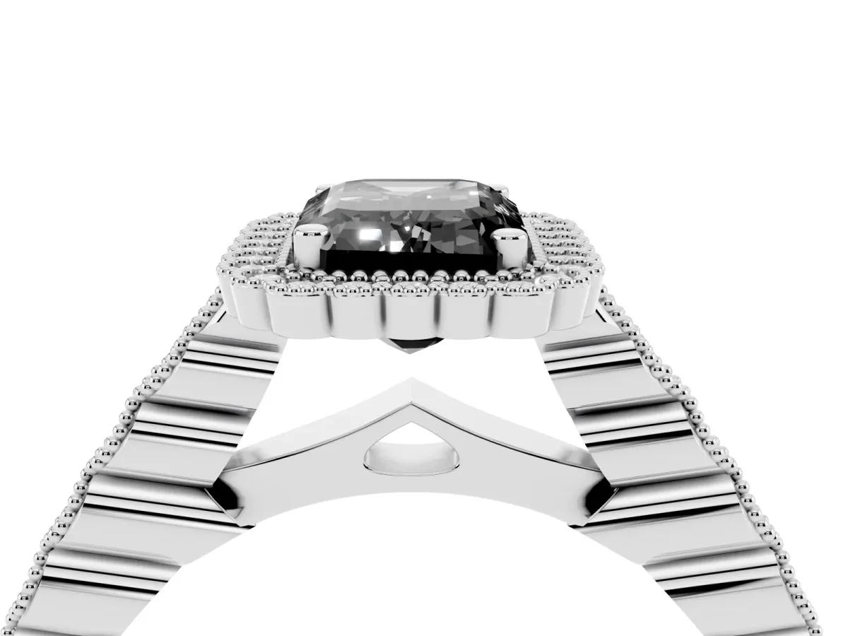 Fancy Black Emerald Cut Cut Halo Pavé Solitaire Ring with Milgrain Band Silver