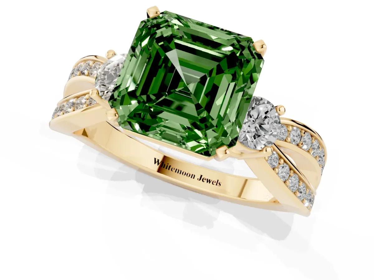 Fancy Green Three-Stone Asscher Cut Cut Diamond Twist Band with Prong Setting Yellow gold