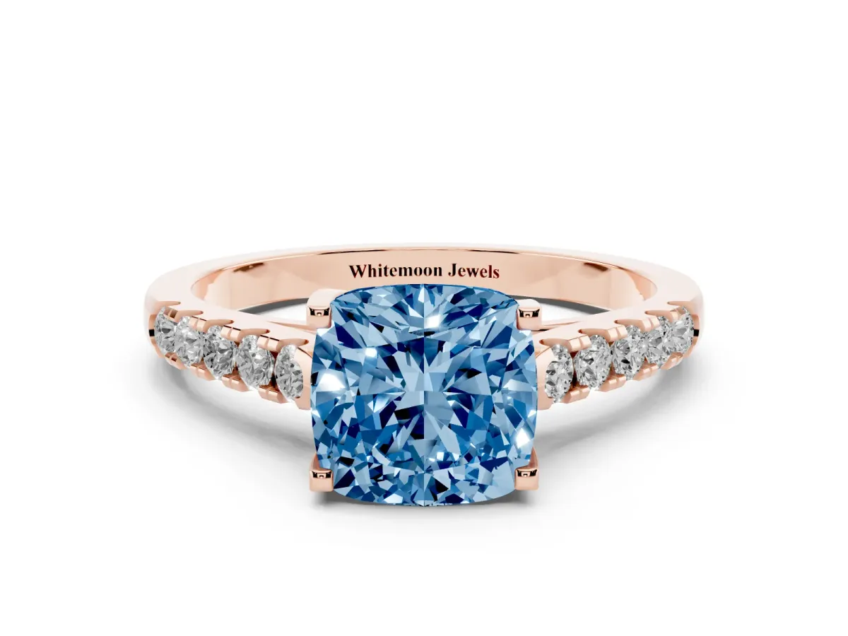 Fancy Blue Cushion Cut Diamond Pavé Band Solitaire Ring with Prong Setting Rose gold