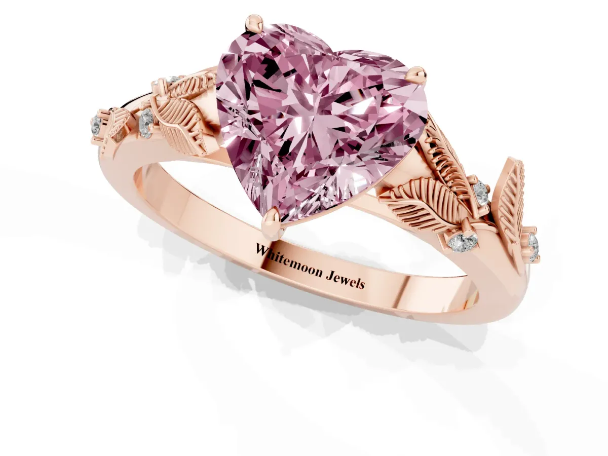 Fancy Pink Heart Cut Diamond Solitaire Ring with Leaf Motif Band and Four-Prong Setting Rose gold