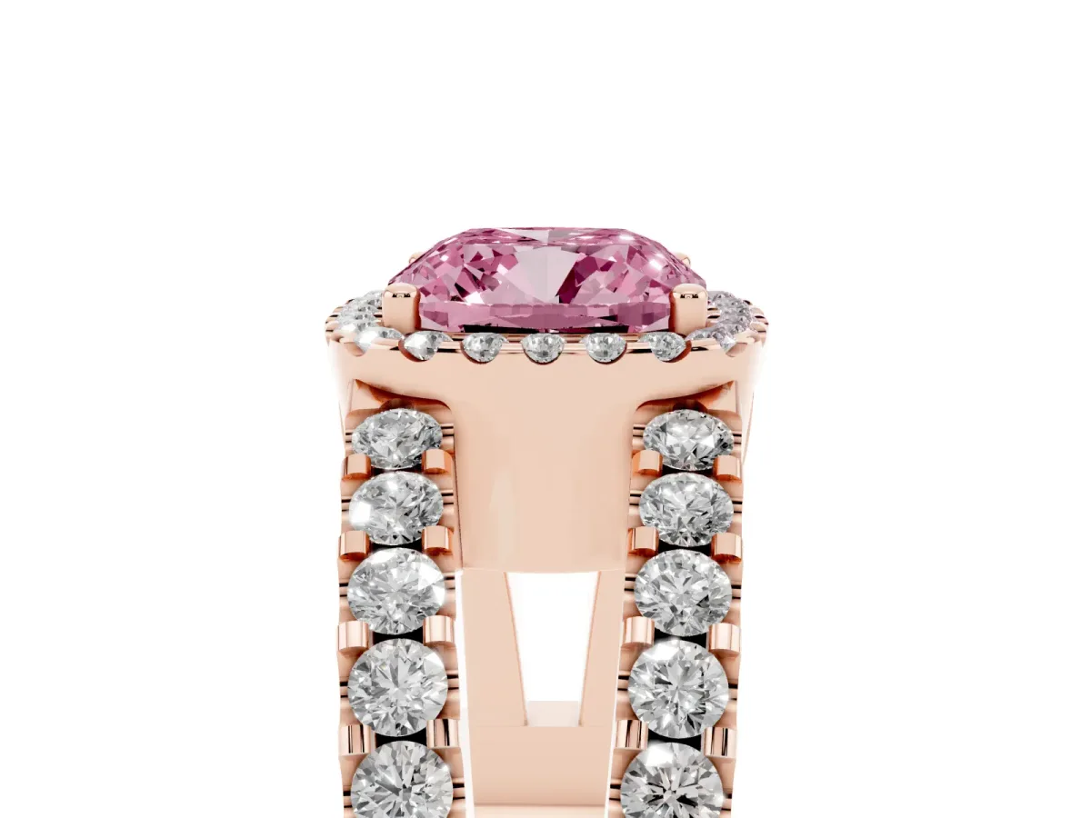 Fancy Pink Cushion Cut Cut Halo Split Shank Diamond Ring with Four-Prong Setting Rose gold