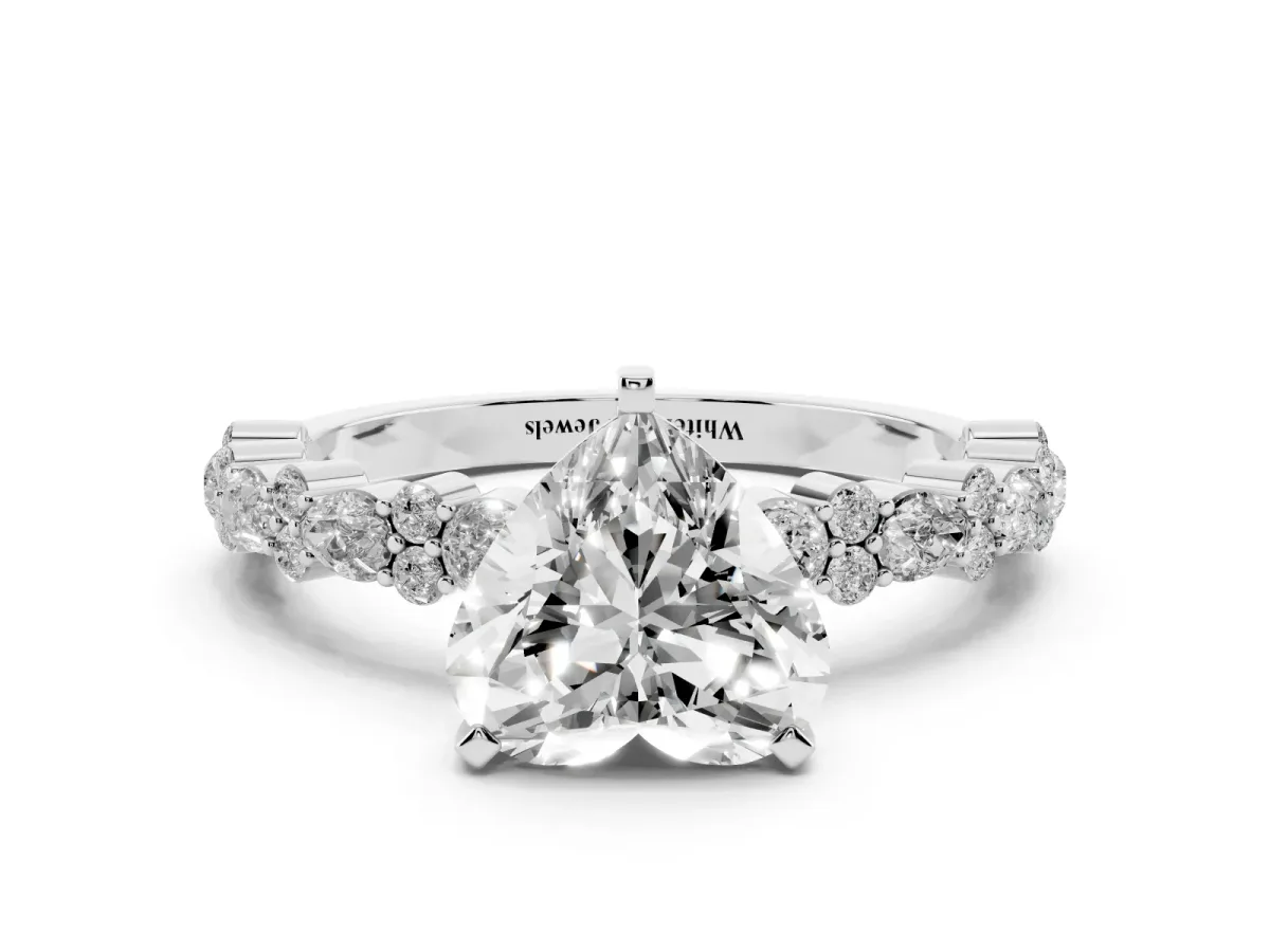 Heart Cut Diamond Side Stone Solitaire Ring with Round and Four-Prong Setting White gold