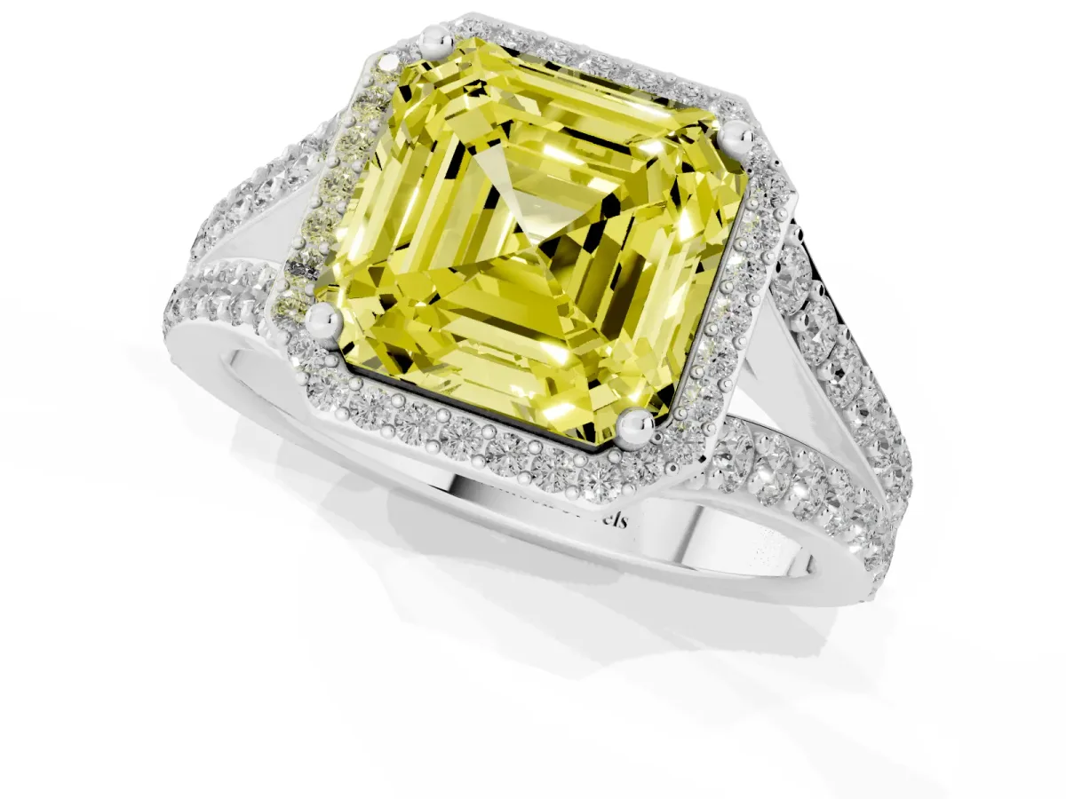 Fancy Yellow Asscher Cut Diamond Split Shank Halo Ring with Four-Prong Setting White gold