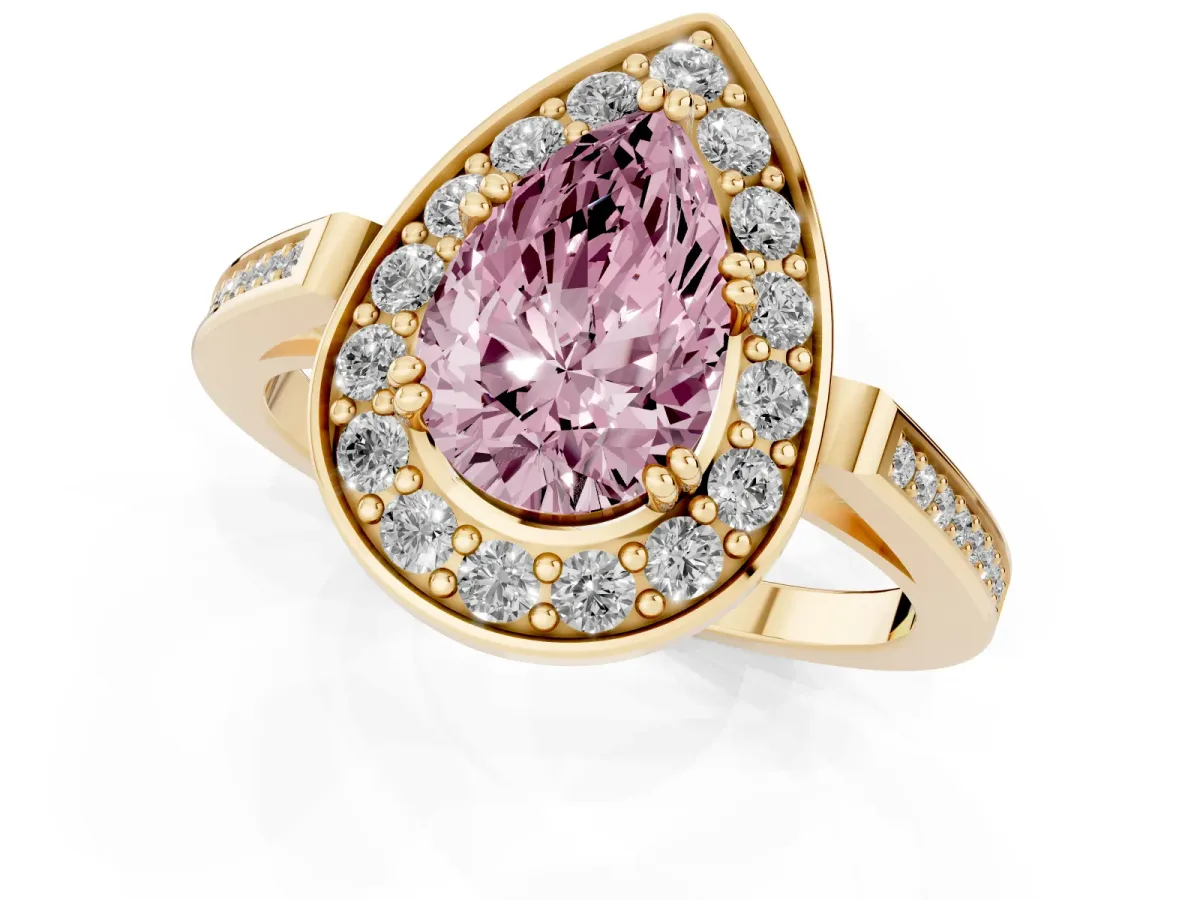 Fancy Pink Pear Cut Diamond Halo Ring with Split Shank and Four-Prong Setting Yellow gold