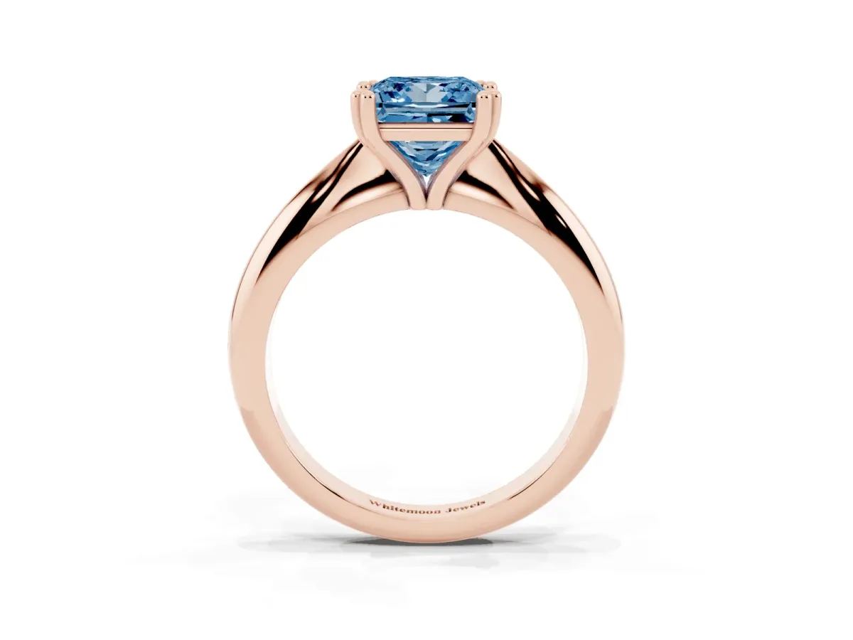 Fancy Blue Princess Cut Cut Solitaire Engagement Ring with Tapered Band and Four-Prong Setting Rose gold