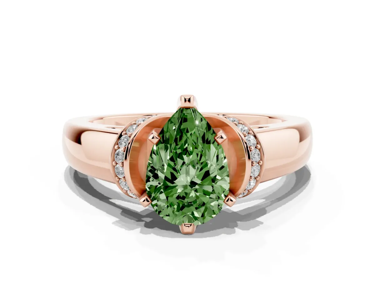 Fancy Green Pear Cut Solitaire Diamond Ring with Pave Band and Six-Prong Setting Rose gold