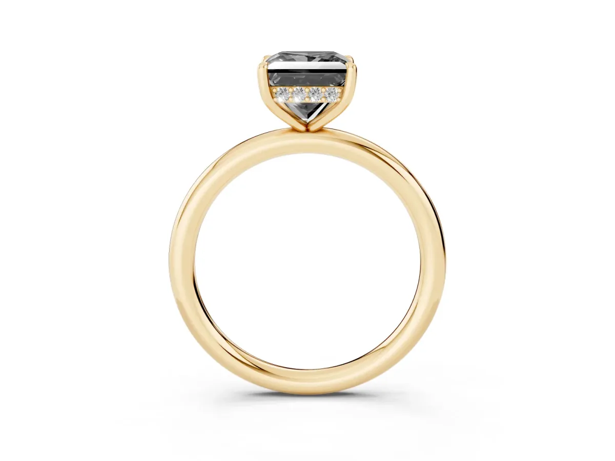 Fancy Black Princess Cut Diamond Solitaire Ring with Thin Band and Four-Prong Setting Yellow gold