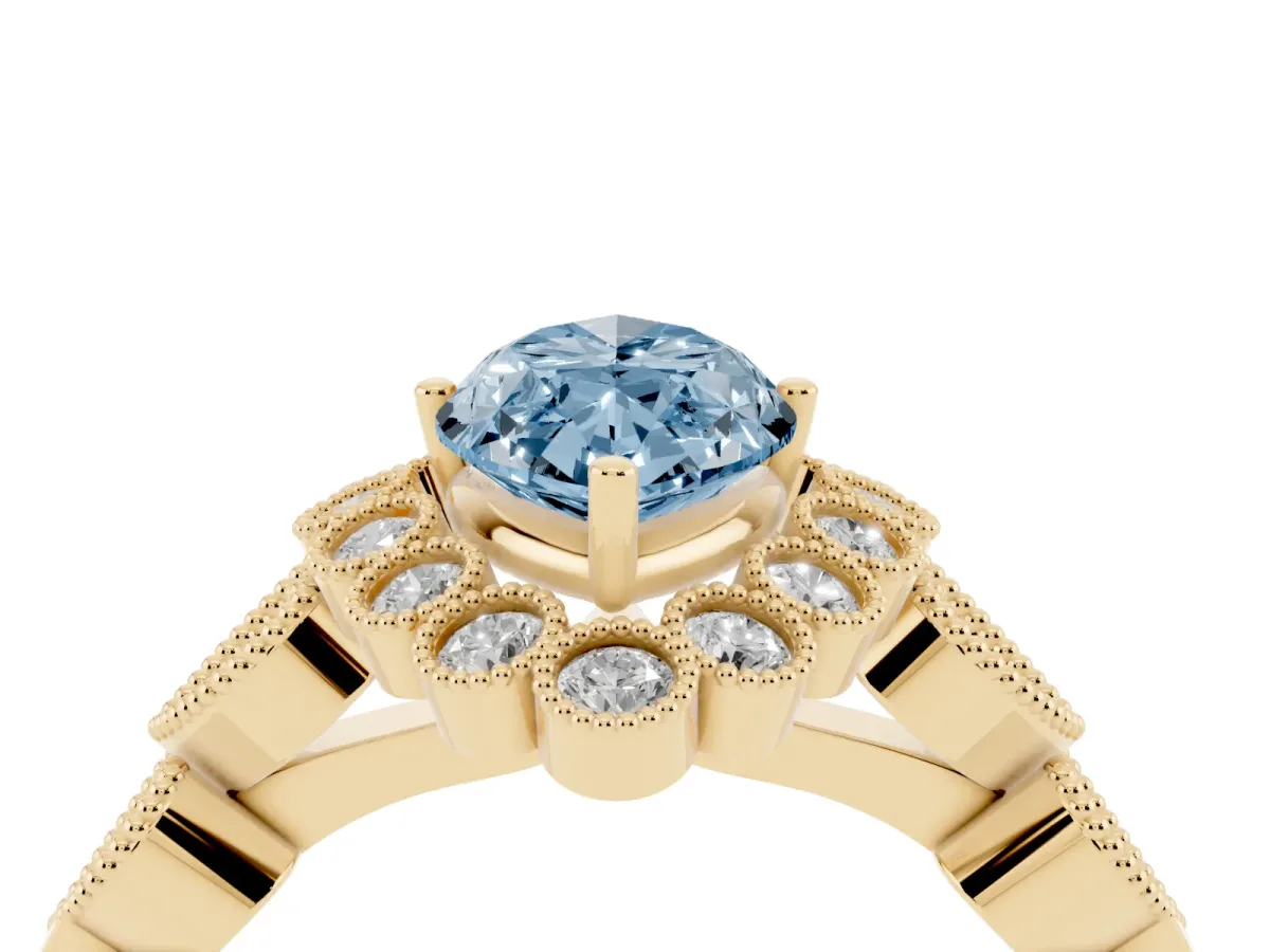 Fancy Blue Marquise Cut Brilliant Milgrain Pave Heart Band Solitaire Ring Yellow gold