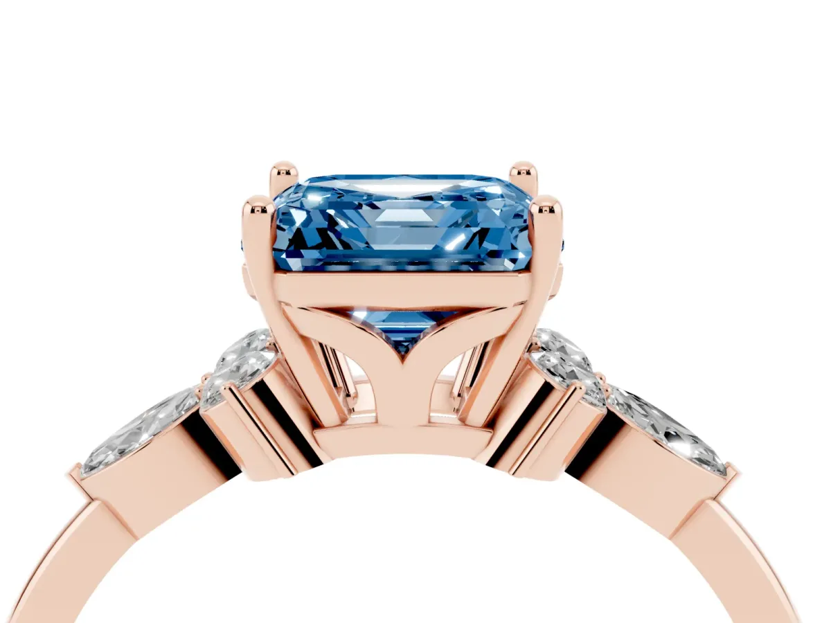 Fancy Blue Asscher Cut Brilliant Diamond Solitaire Ring with Pear Side Stones and Four-Prong Setting Rose gold