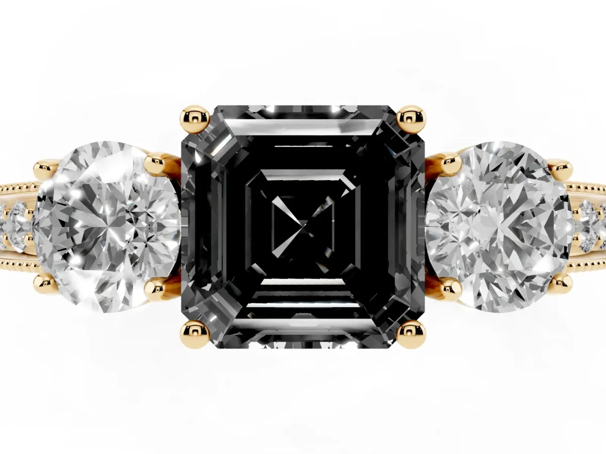 Fancy Black Asscher Cut Three-Stone Diamond Ring with Pavé Band and Four-Prong Setting Yellow gold