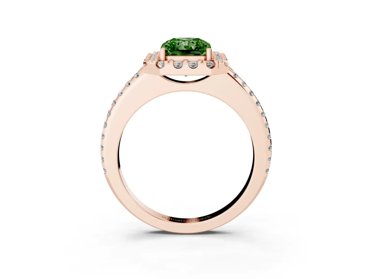 Fancy Green Radiant Cut Diamond Pavé Halo Ring with Four-Prong Setting Rose gold