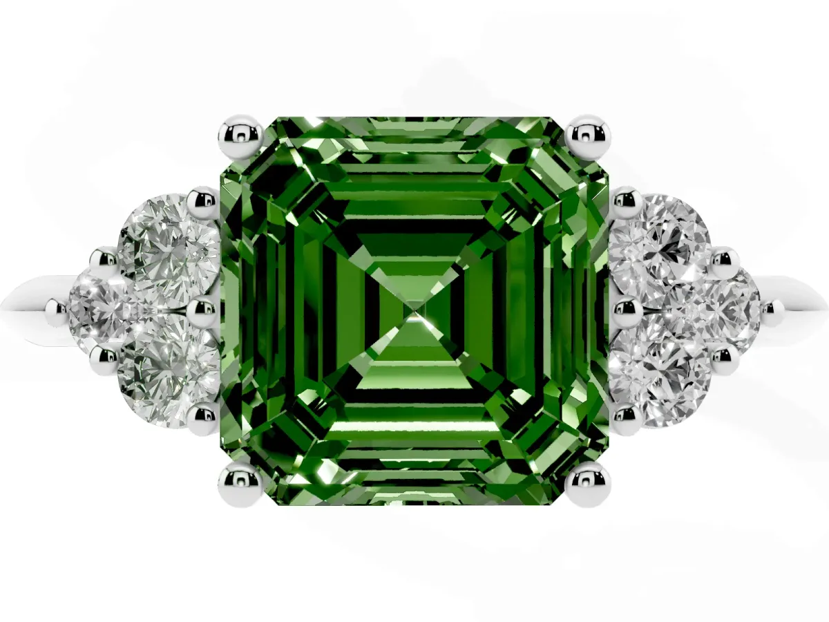 Fancy Green Asscher Cut Cut Diamond Cluster Ring with Solitaire Band and Four-Prong Setting Silver