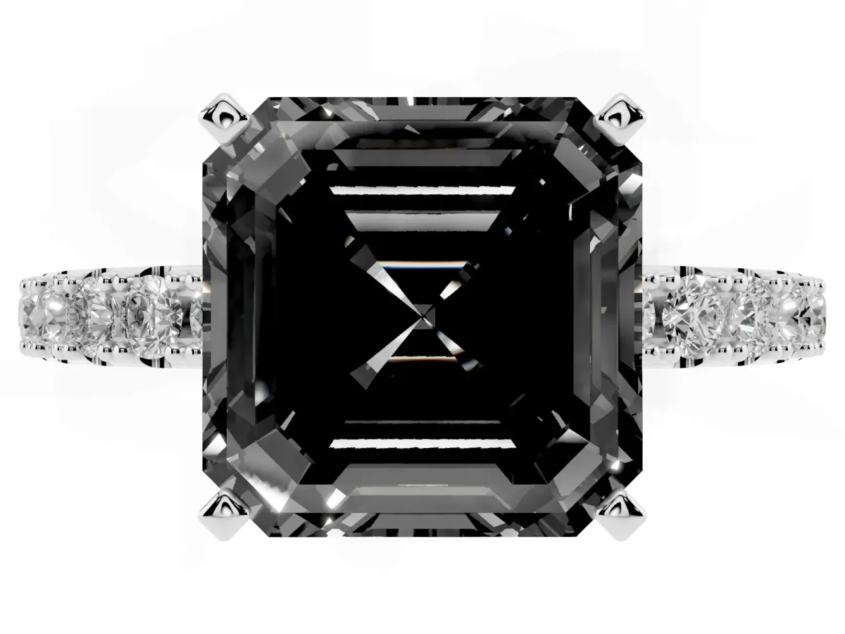 Fancy Black Asscher Cut Diamond Solitaire Pavé Band with Four-Prong Setting Silver