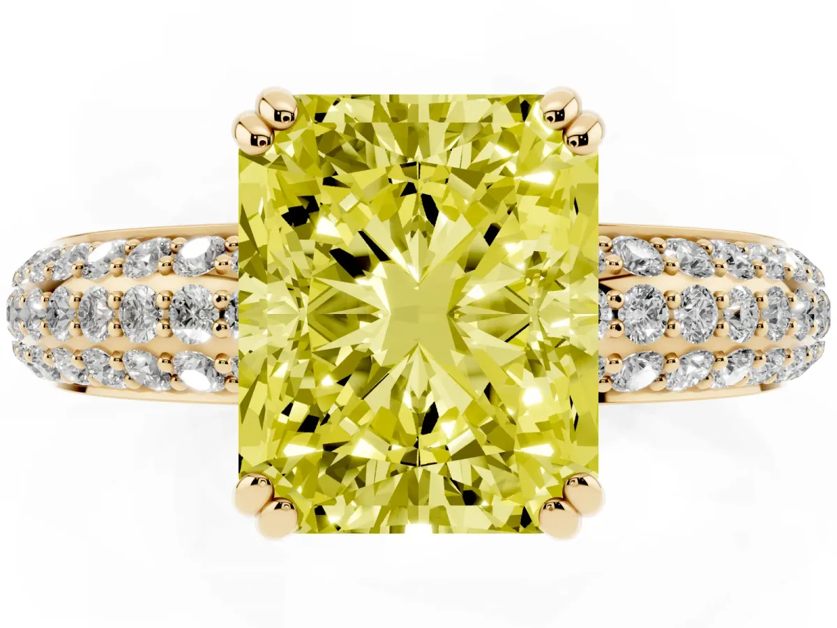 Fancy Yellow Radiant Cut Diamond Solitaire Ring with Multi-Row Round Pavé Band and Prong Setting Yellow gold