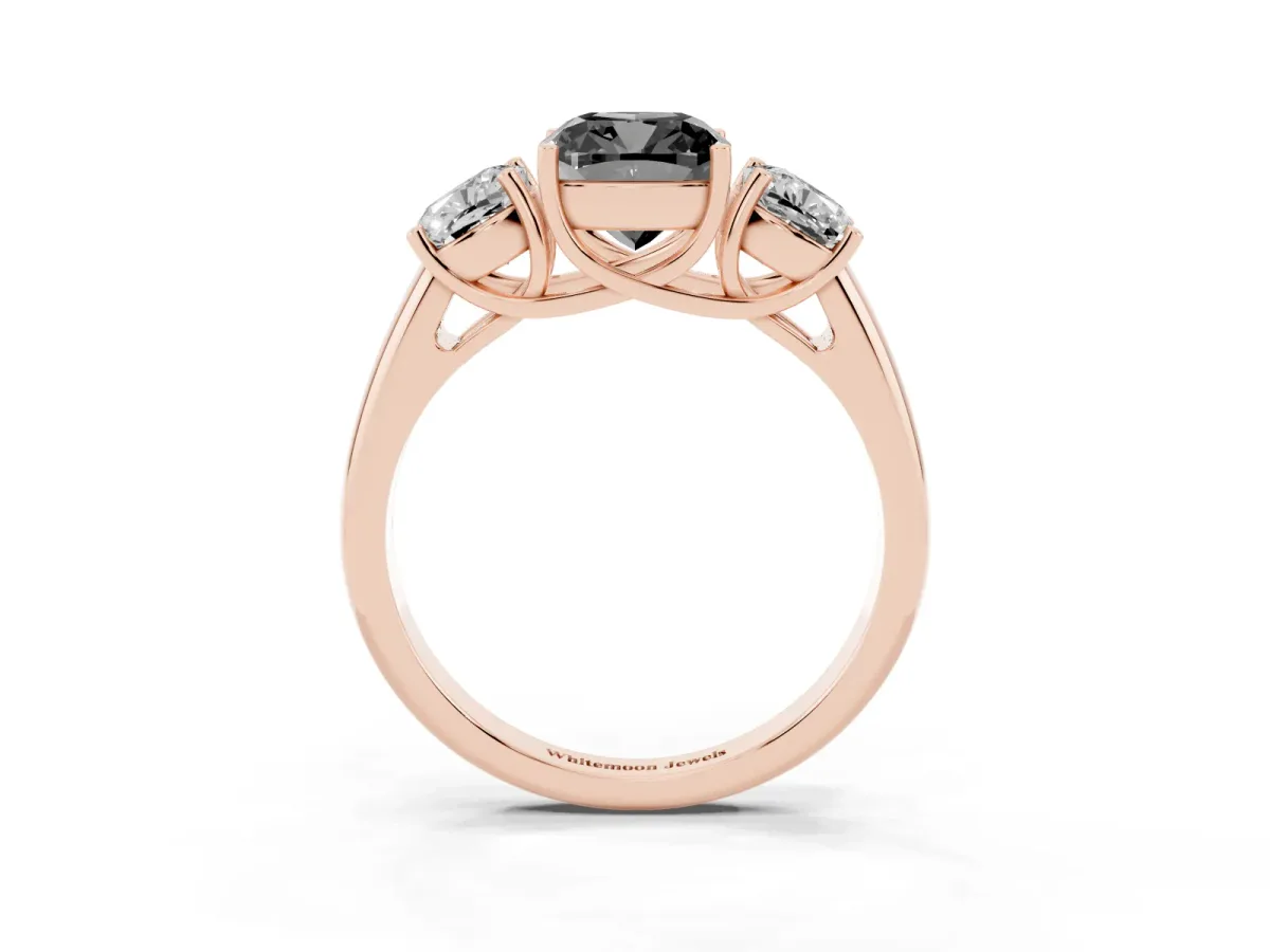Fancy Black Three-Stone Cushion Cut Diamond Engagement Ring with Prong Setting Rose gold
