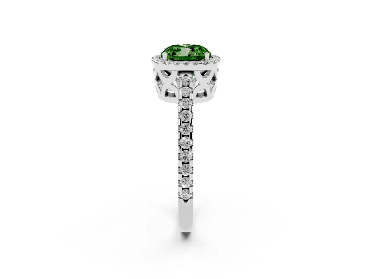 Fancy Green Cushion Cut Diamond Halo Engagement Ring with Pavé Band and Prong Setting Silver