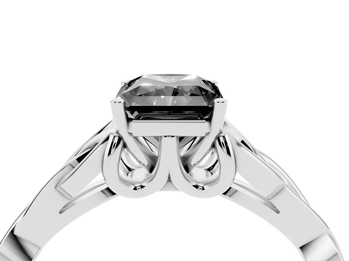 Fancy Black Radiant Cut Diamond Solitaire Engagement Ring with Celtic Knot Band and Four-Prong Setting White gold