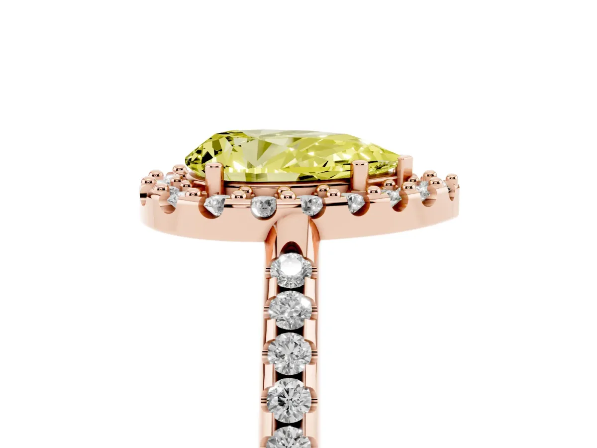 Fancy Yellow Pear Cut Diamond Pavé Halo Ring with Four-Prong Setting Rose gold