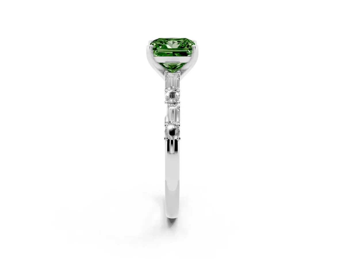 Fancy Green Princess Cut Diamond Solitaire with Side Baguettes and Channel Set Band Platinum