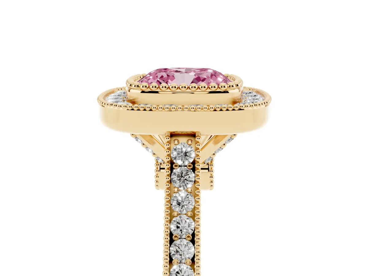 Fancy Pink Cushion Cut Diamond Halo Ring with Milgrain Frame and Pavé Band Yellow gold