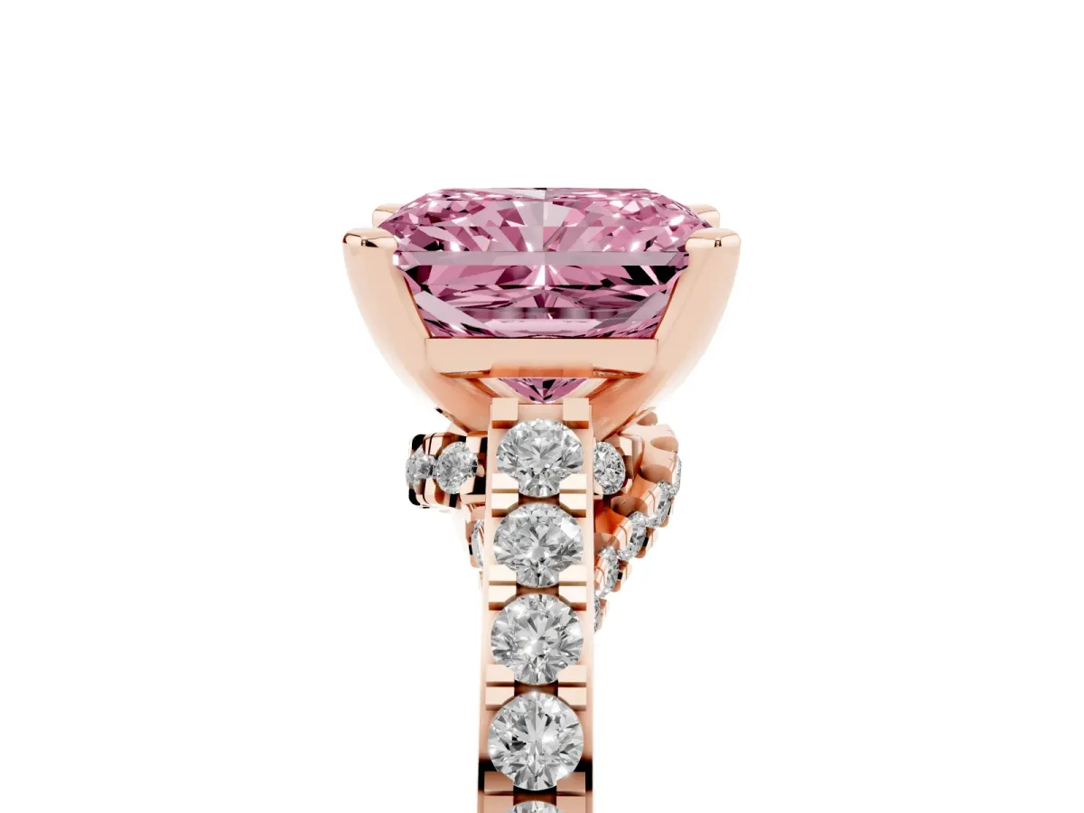 Fancy Pink Radiant Cut Diamond Solitaire Ring with Crossover Gallery and Round Pavé Band Rose gold