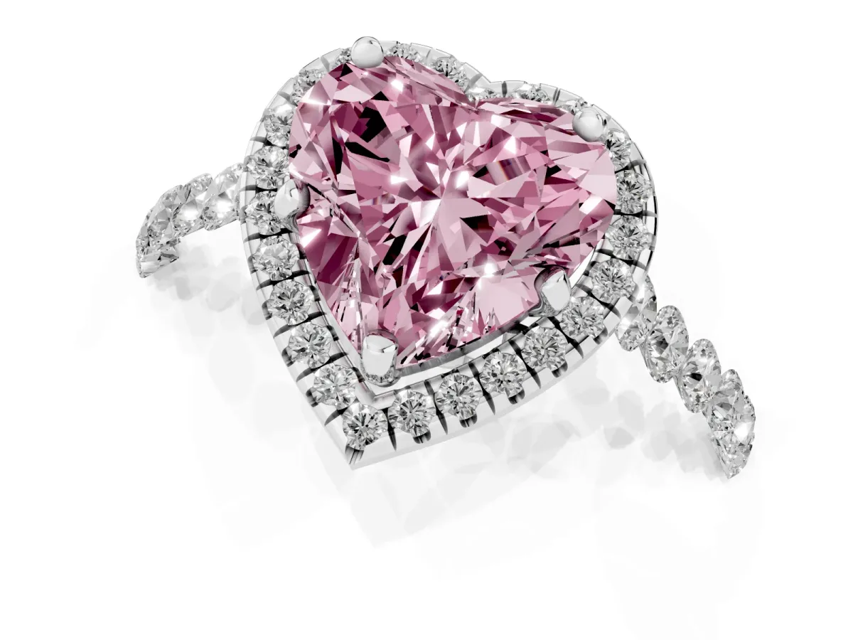 Fancy Pink Heart Cut Halo Pavé Diamond Engagement Ring with Four-Prong Setting Platinum