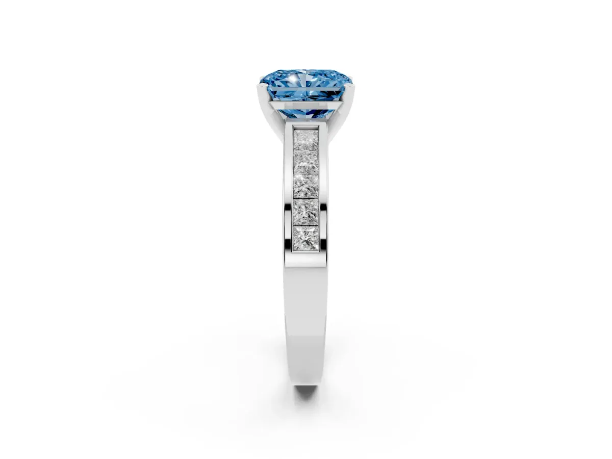 Fancy Blue Radiant Cut Solitaire Diamond Ring with Channel-Set Band and Four-Prong Setting Silver