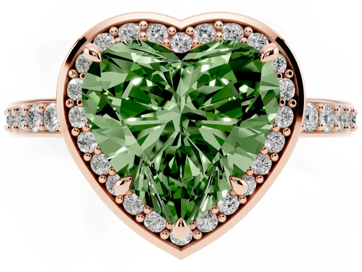 Fancy Green Heart Cut Halo Pave Band Solitaire Ring with Prong Setting Rose gold